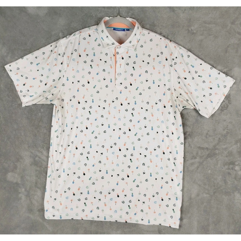 Devereux Golf Polo Shirt Mens L White Pinneaple Palm Coral Stretch Made in Korea